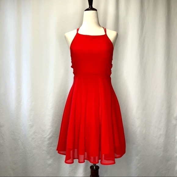Lulu’s bright red chiffon lace-up back fit and flare mini dress S - Picture 4 of 11
